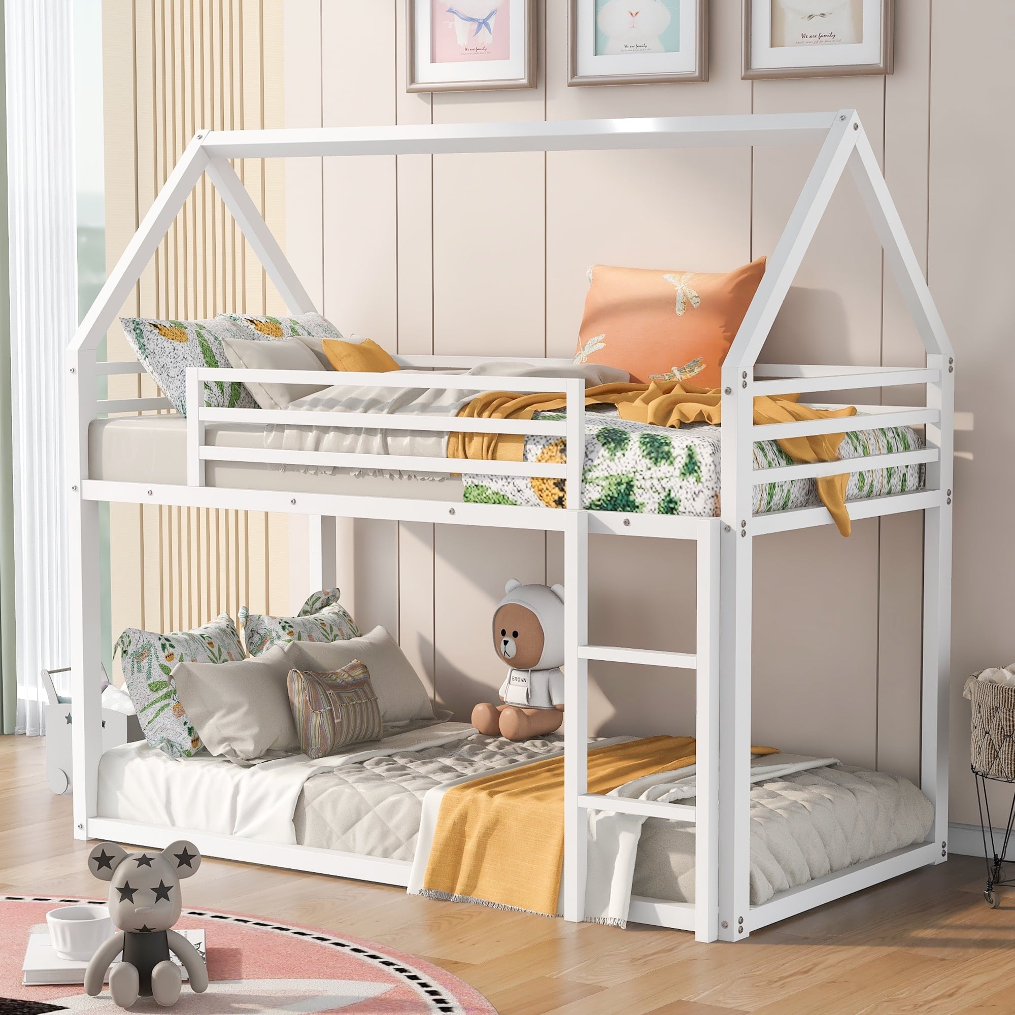 KOFUN Metal Bunk Bed Twin over Twin, House Bunk Bed with Built-in Ladder, Low Bunk Bed for Kids Toddlers Teens, White