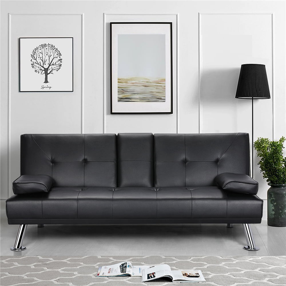 Easyfashion Modern Faux Leather Futon with Cupholders and Pillows, Black