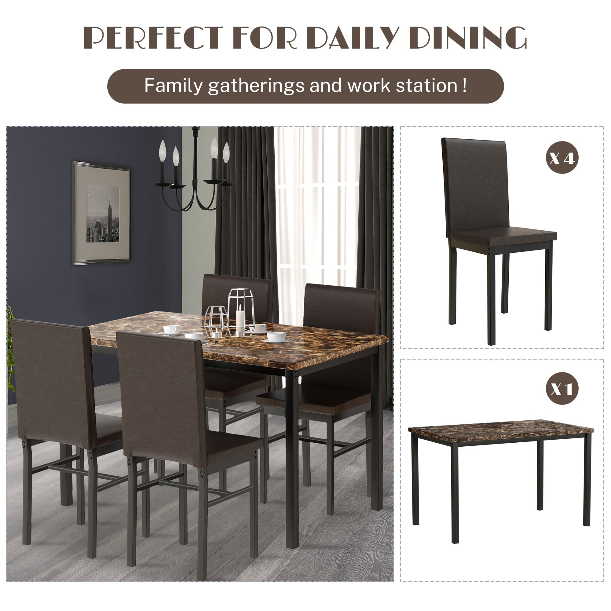 Paproos 5 Piece Dining Table Set, Dining Room Table Set with Marble Top and Faux Leather Upholstery Chairs, Modern Dinette Sets for Breakfast Nook, Compact Kitchen Table and Chairs Set, Brown