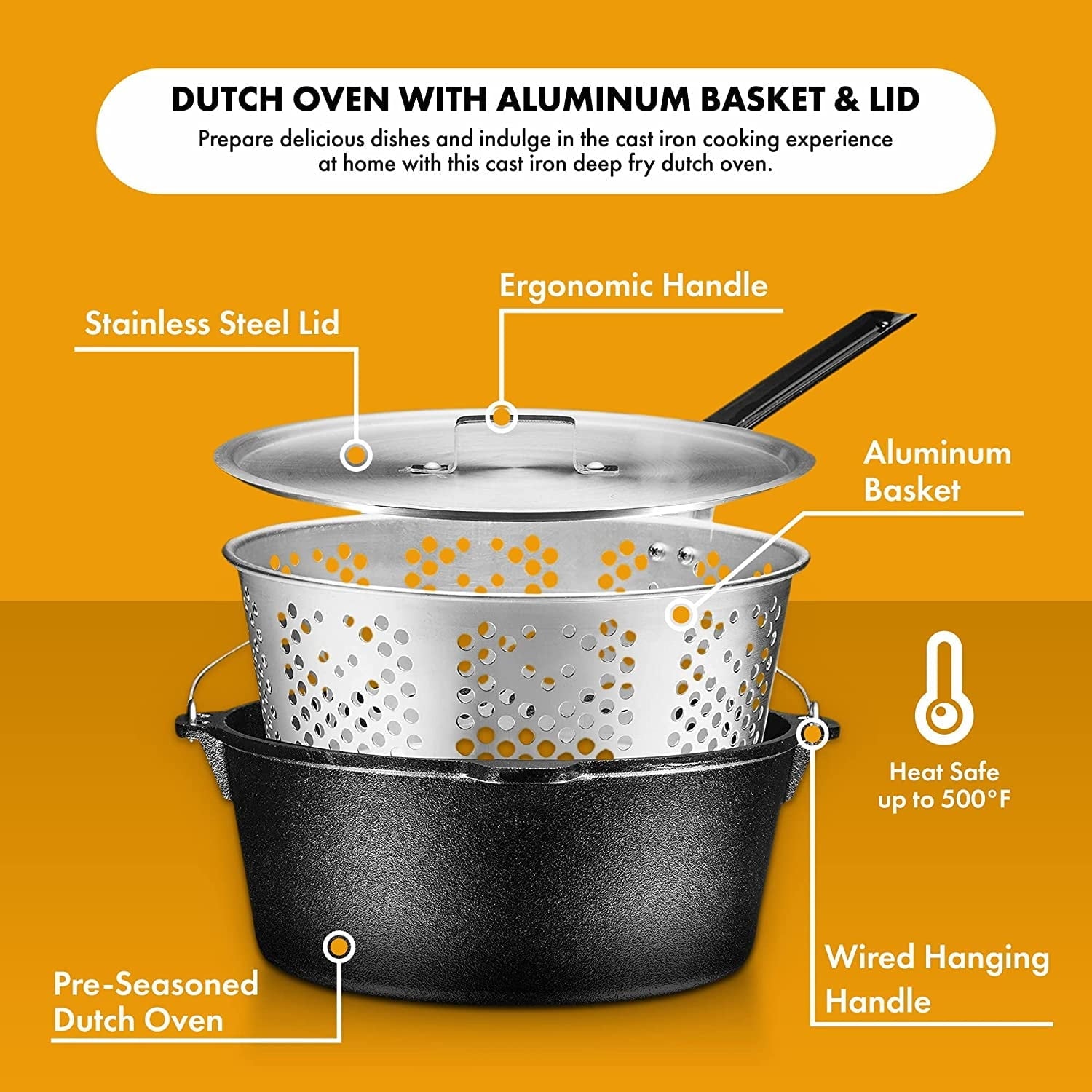 Bruntmor | Pre-Seasoned Cast Iron Fish Fryer 9 Quart Stock Pot Dutch Oven