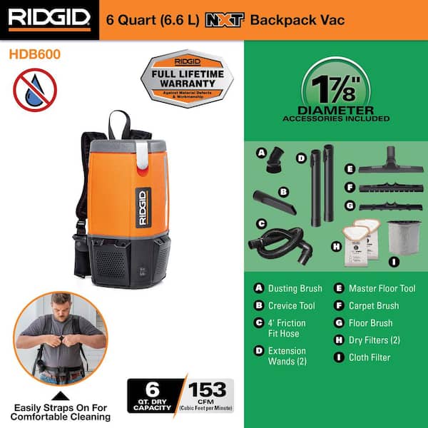 6 Qt. NXT Backpack Vacuum Cleaner with Filters and Locking Accessories for Dry Applications