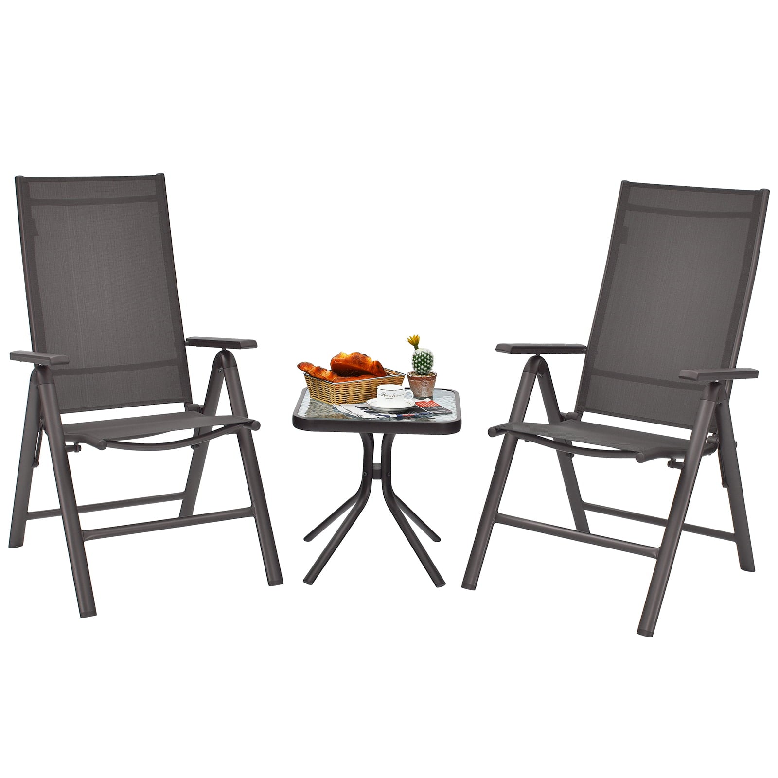 Costway 3PCS Bistro Set Folding Adjustable Chairs Square Glass Table Garden