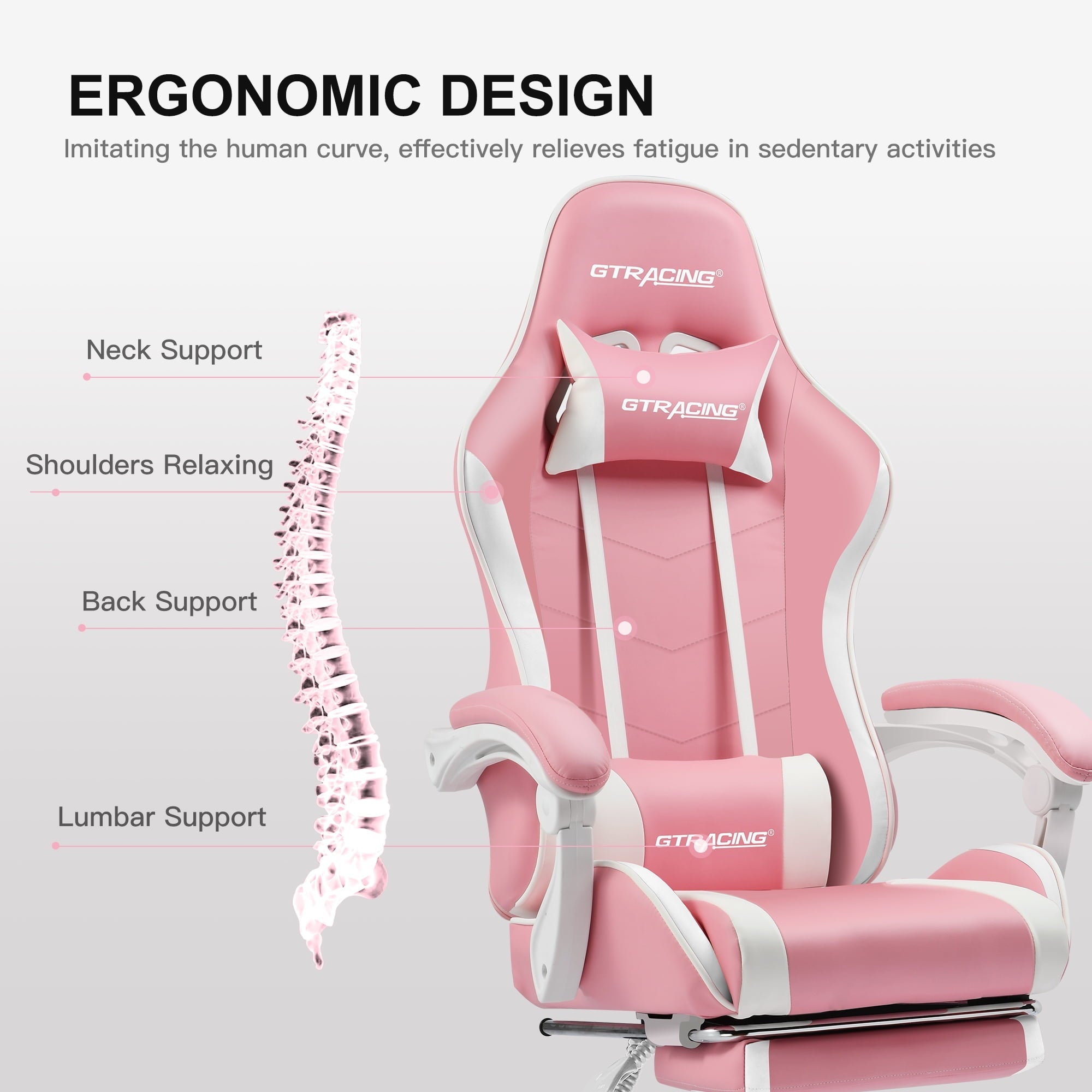 GTRACING Adjustable Height Reclining Office Gaming Chair with Footrest, Pink