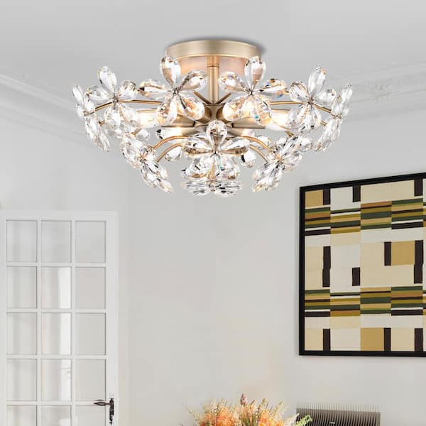 Teresa 17.7 in. 6-Light Brushed Silver-ish Champagne Flower Crystal Flush Mount with No Bulbs Included
