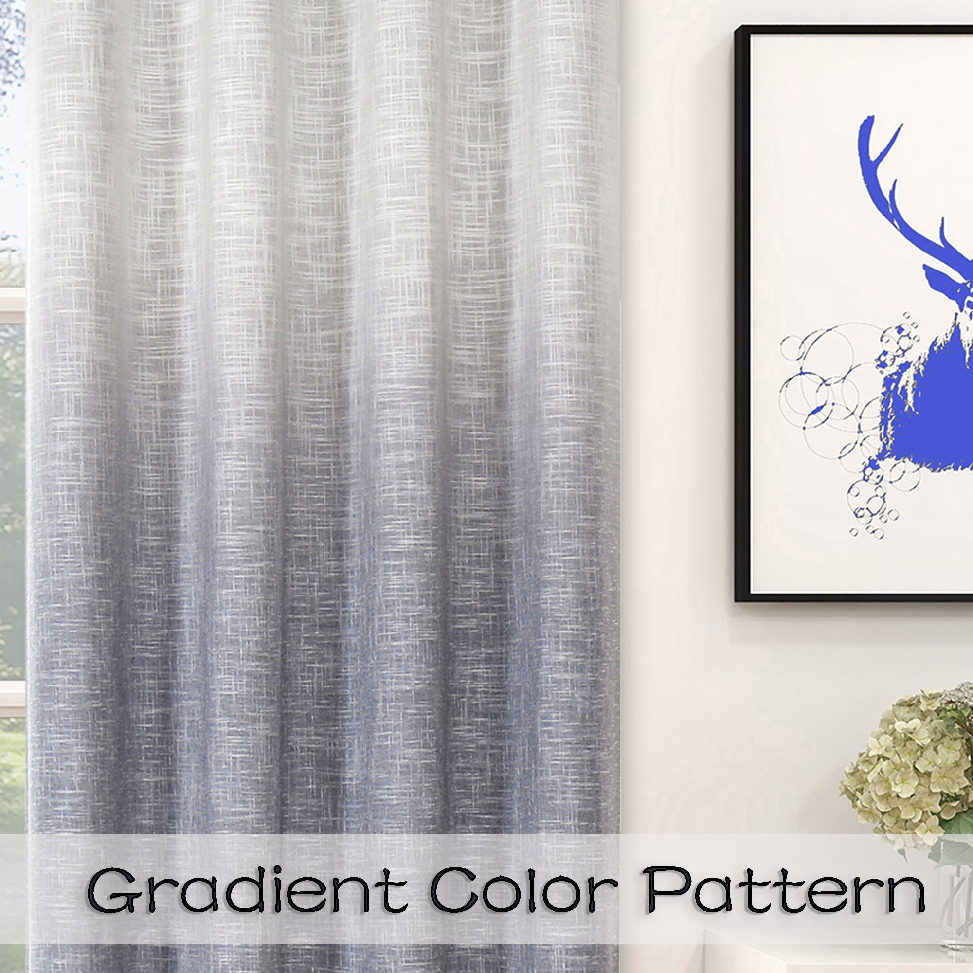 Uptown Home Indigo Blue White Ombre Full Blackout Window Curtain Panels Linen Texture Greyish White Liner Gradient Grommet Drapes for Bedroom Living Room, 50