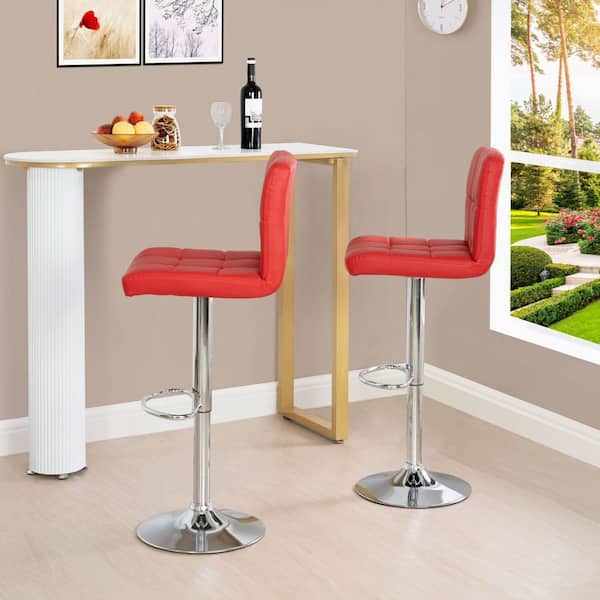 Set of 2 Bar Stools Adjustable Swivel Bar Chair Leather Counter Stools Bar Chairs, Stool for Kitchen Counter, Red
