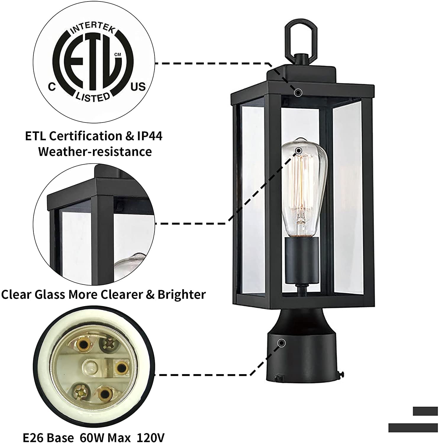 UIXE Outdoor Post Light, Lamp Pole Lantern, Matte Black Exterior Porch Fixtures for Fence Pathway Walkway Patio Lawn Yard