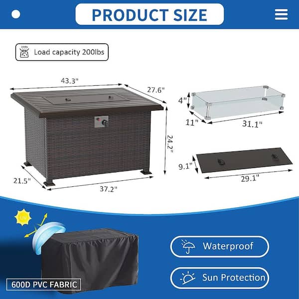 Brown 43 in. 50000 BTU Wicker Propane Outdoor Fire Pit Table with Glass Wind Guard Lid Fire Glass Beads