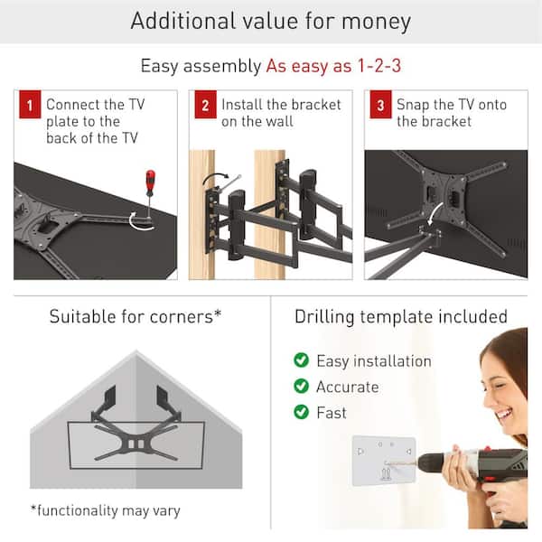 Barkan 13 in. x 90 in. Full Motion 4 Movement Extra Long and Stable Premium Flat/Curved TV Wall Mount Black