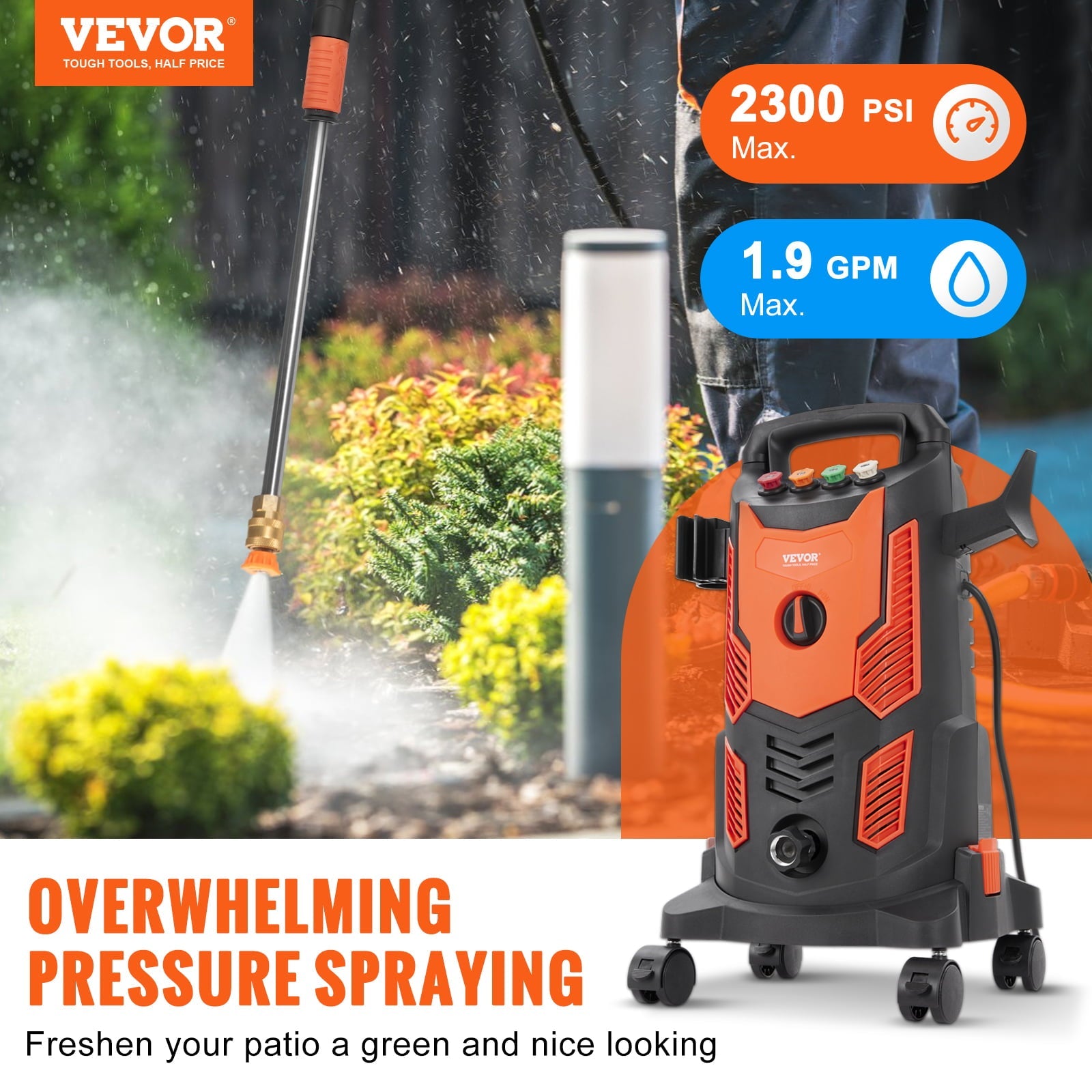 BENTISM Electric Pressure Washer 2300 PSI 1.9 GPM 1900W Cold Water Wheeled