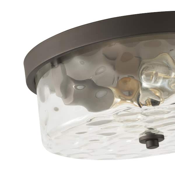 13 in. 2-Light Farmhouse Oil Rubbed Bronze Drum Flush Mount Ceiling Light Fixture with Water Ripple Glass Shade