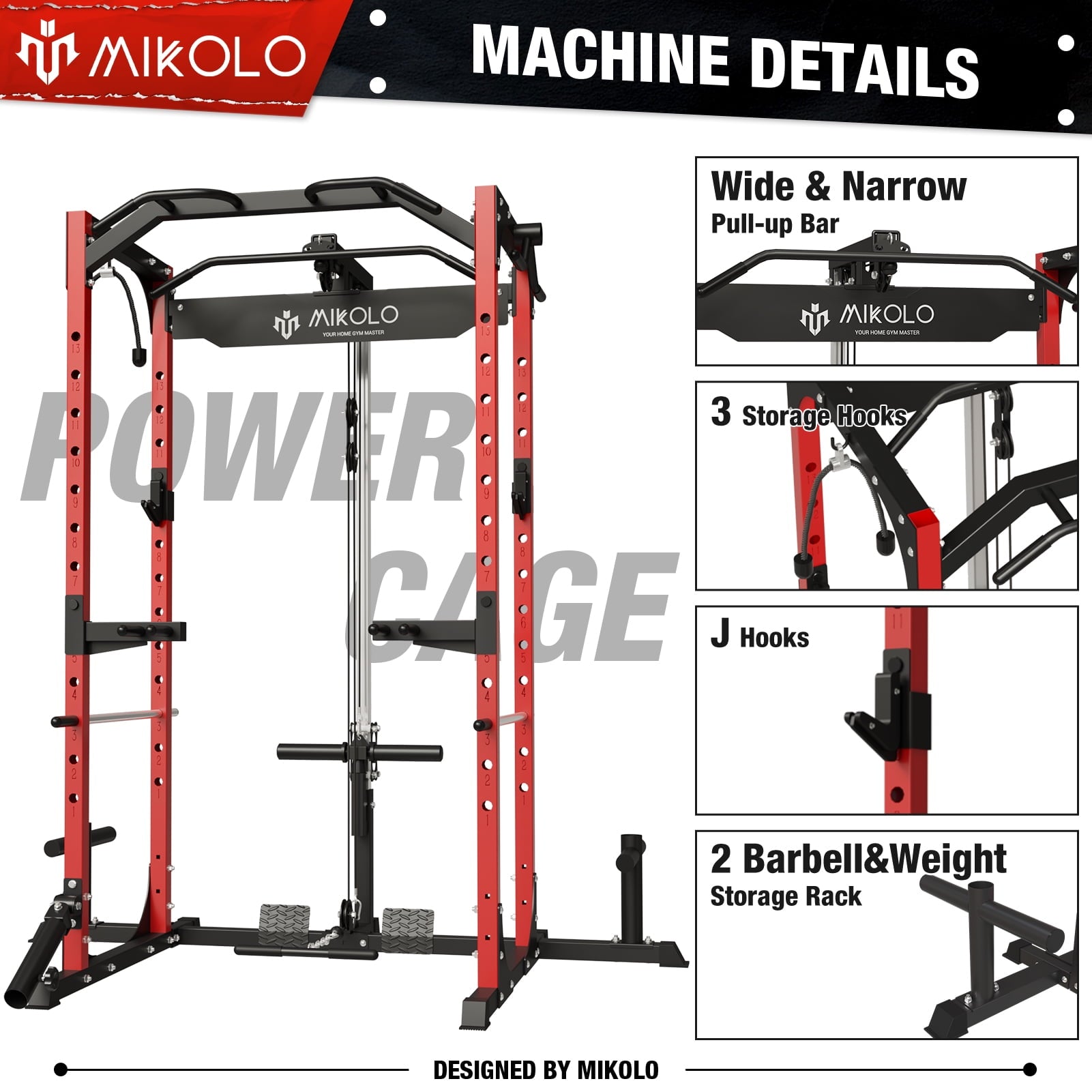Mikolo Power Rack Cage with LAT Pulldown System,1200LBS Capacity Power Rack with 800 lbs Capacity Weight Bench Combo, Multi-Functional Squat Rack (Upgraded)