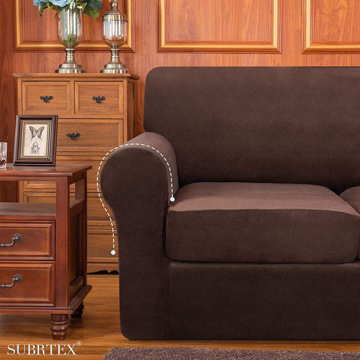 Subrtex 4-Piece Velvet Plush Stretchy Sofa Slipcover with Separate Cushion Covers (Chocolate, Sofa)