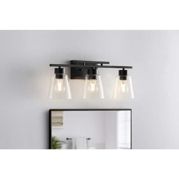 Abbedale 23.38 in. 3-Light Black Bathroom Vanity Light Fixture with Clear Glass Shades