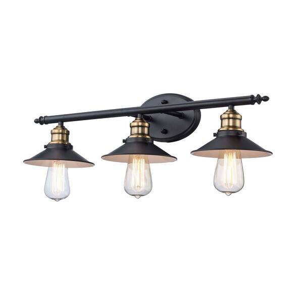 Glenhurst 25 in. 3-Light Industrial Farmhouse Black and Brass Bathroom Vanity Light Fixture with Metal Shades