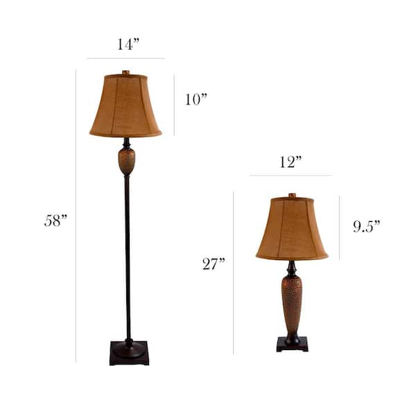 3-Piece Hammered Bronze Lamp Set (2 Table Lamps, 1 Floor Lamp)