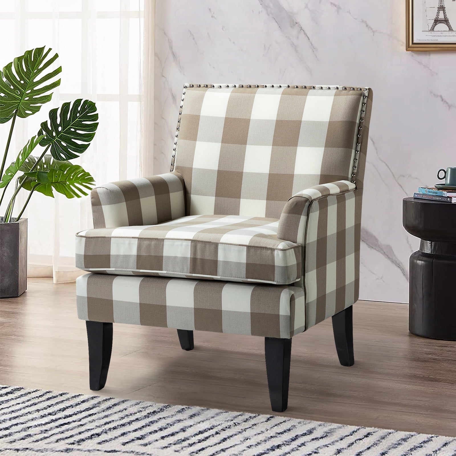14 Karat Home Upholstery Armchair Accent Chair Sofa Couch Wood Legs Nailhead Trim Living Room Bedroom Plaid Grey White
