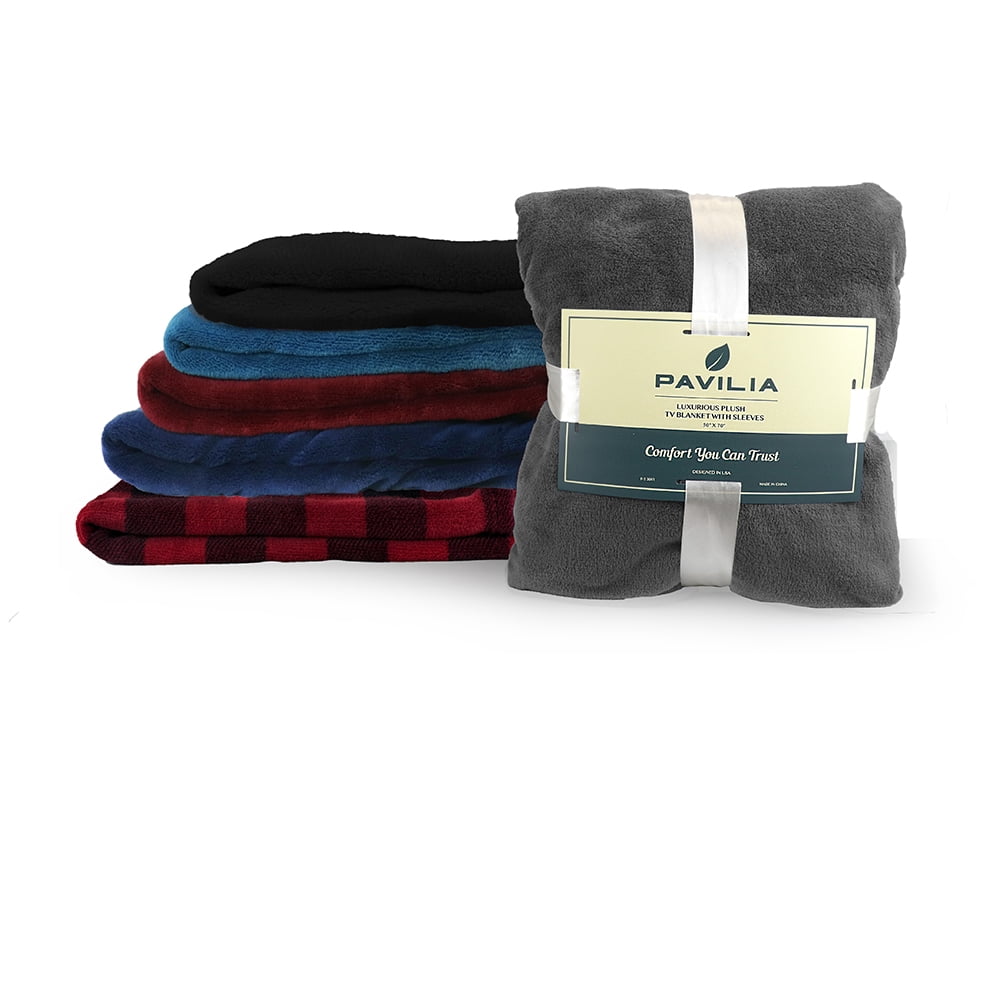 PAVILIA Fleece Blanket with Sleeves and Foot Pockets for Women Men Adult, Wearable Blanket Throw Wrap, Warm Cozy Extra Soft Sleep Hug Blanket with Feet, Gift for Women Mom (Black)