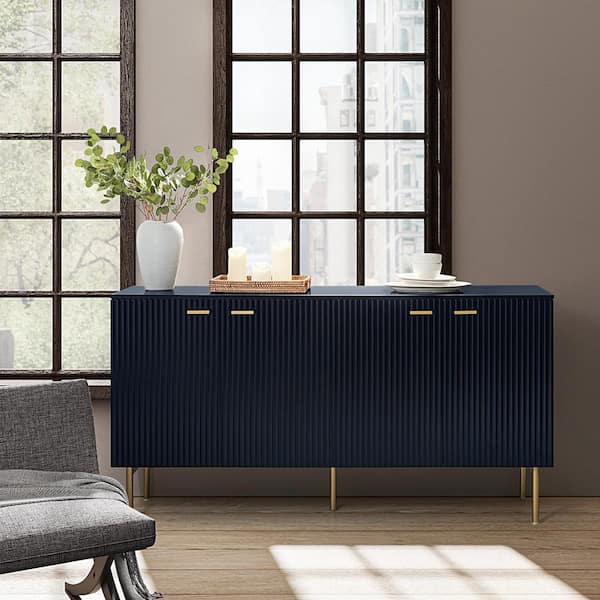 Fabian Navy Wood Modern 63 in. Wide 4-Door Sideboard with Golden Metal Legs and Adjustable Shelves