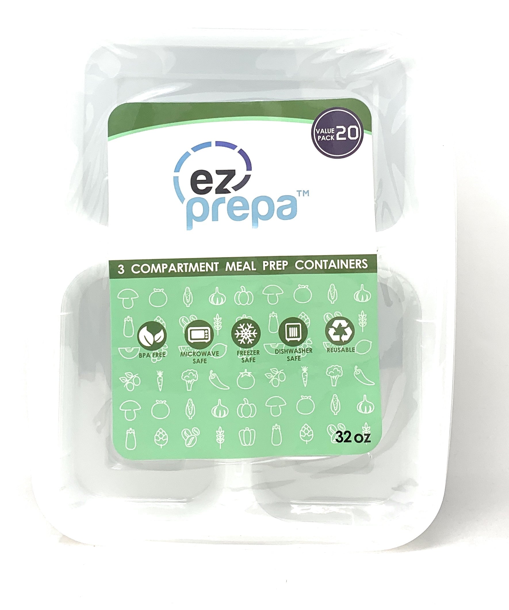 Ez Prepa [20 Pack] 32oz 3 Compartment Meal Prep Containers with Lids - Bento Box - Plastic - Stackable, Reusable, Microwaveable & Dishwasher Safe