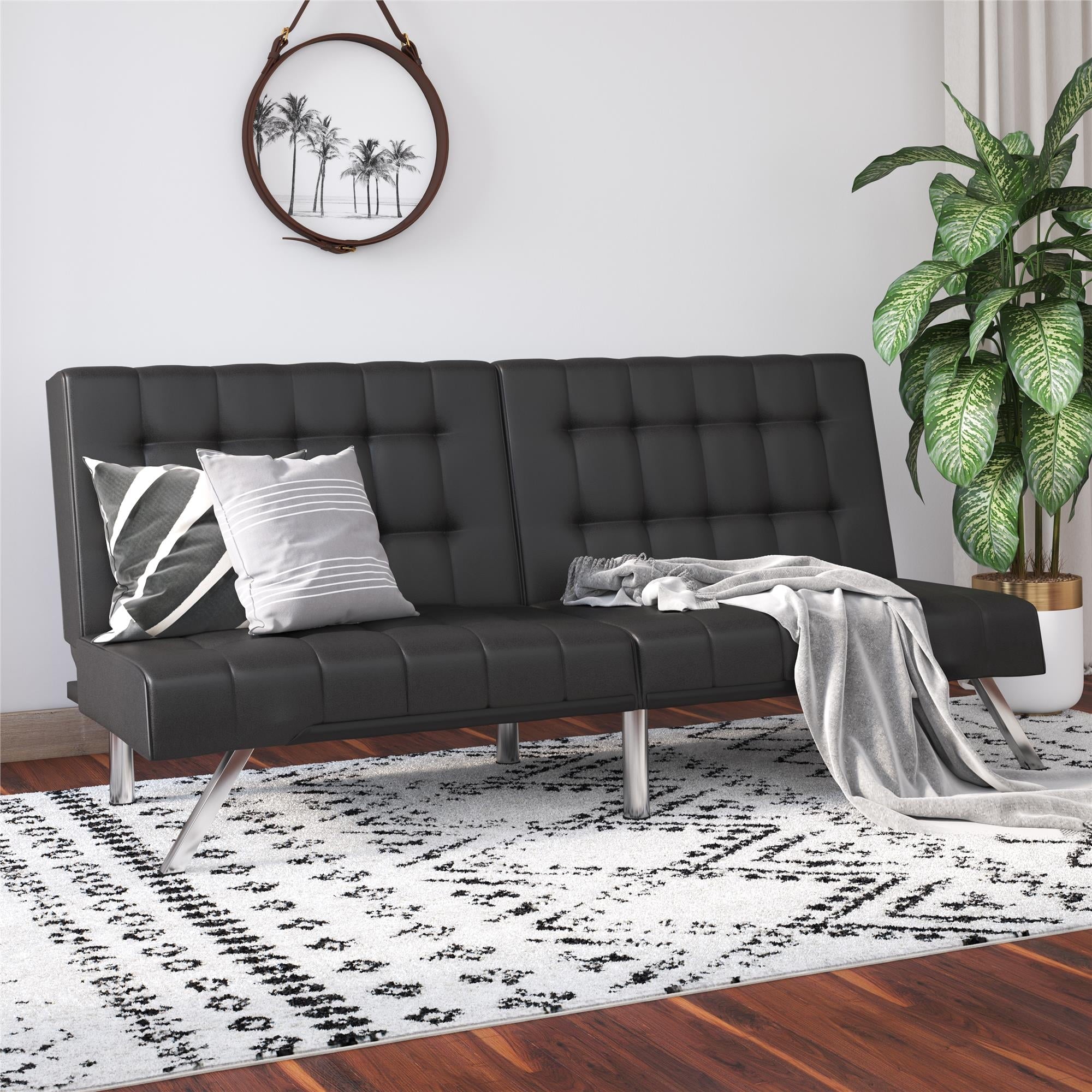 River Street Designs Emily Convertible Tufted Futon Sofa, Black Faux Leather