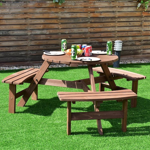 66.9 in. Round Wood Outdoor Picnic Table Bench Set with Umbrella Hole