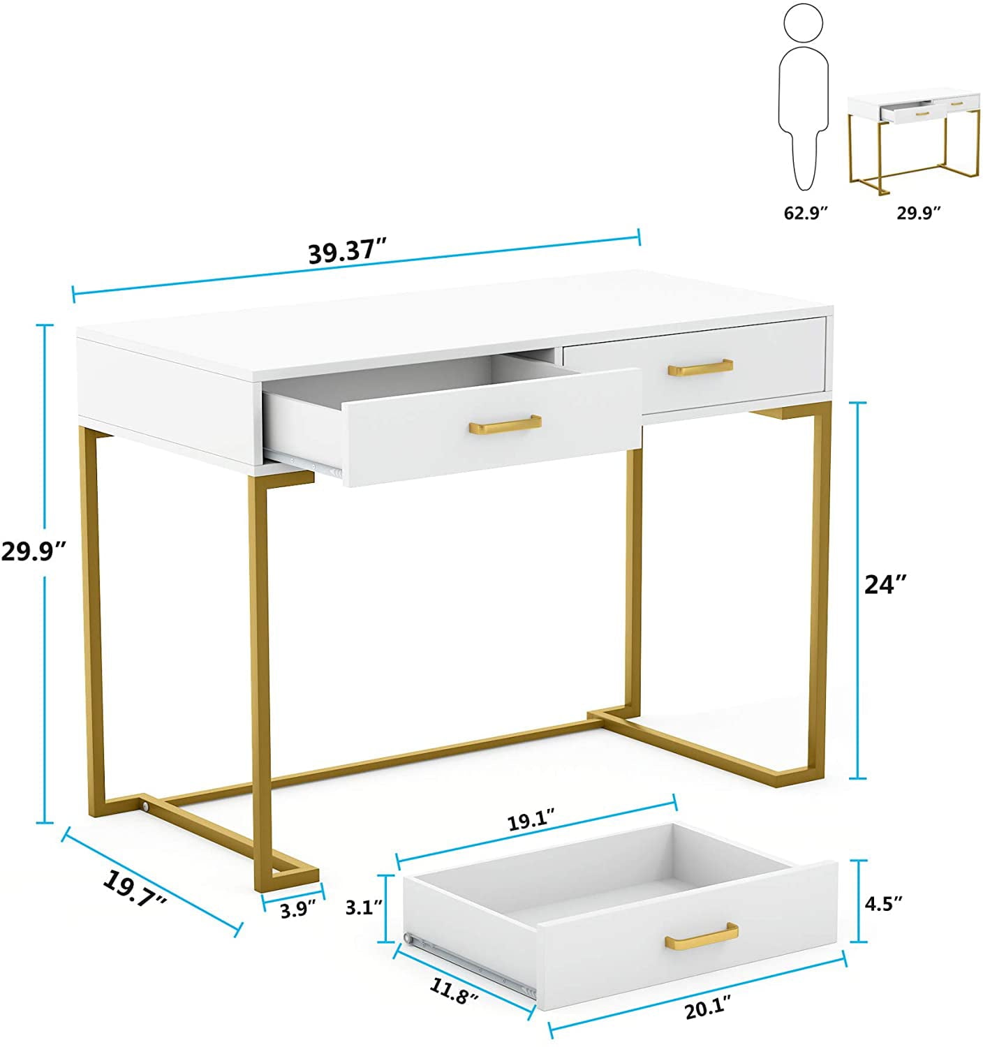 Computer Desk with Drawers, White and Gold Writing Desk with 2 Drawers, Simple and Modern (White, Gold)