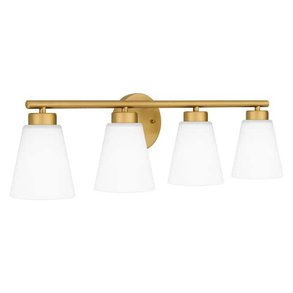 Eastburn 28.13 in. 4-Light Gold Vanity Light with Frosted Glass Shades