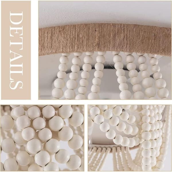 12.6 in. 3-Light Antique Rustic White Flush Mount Bohemia Wood Beaded Ceiling Light Mini Chandelier