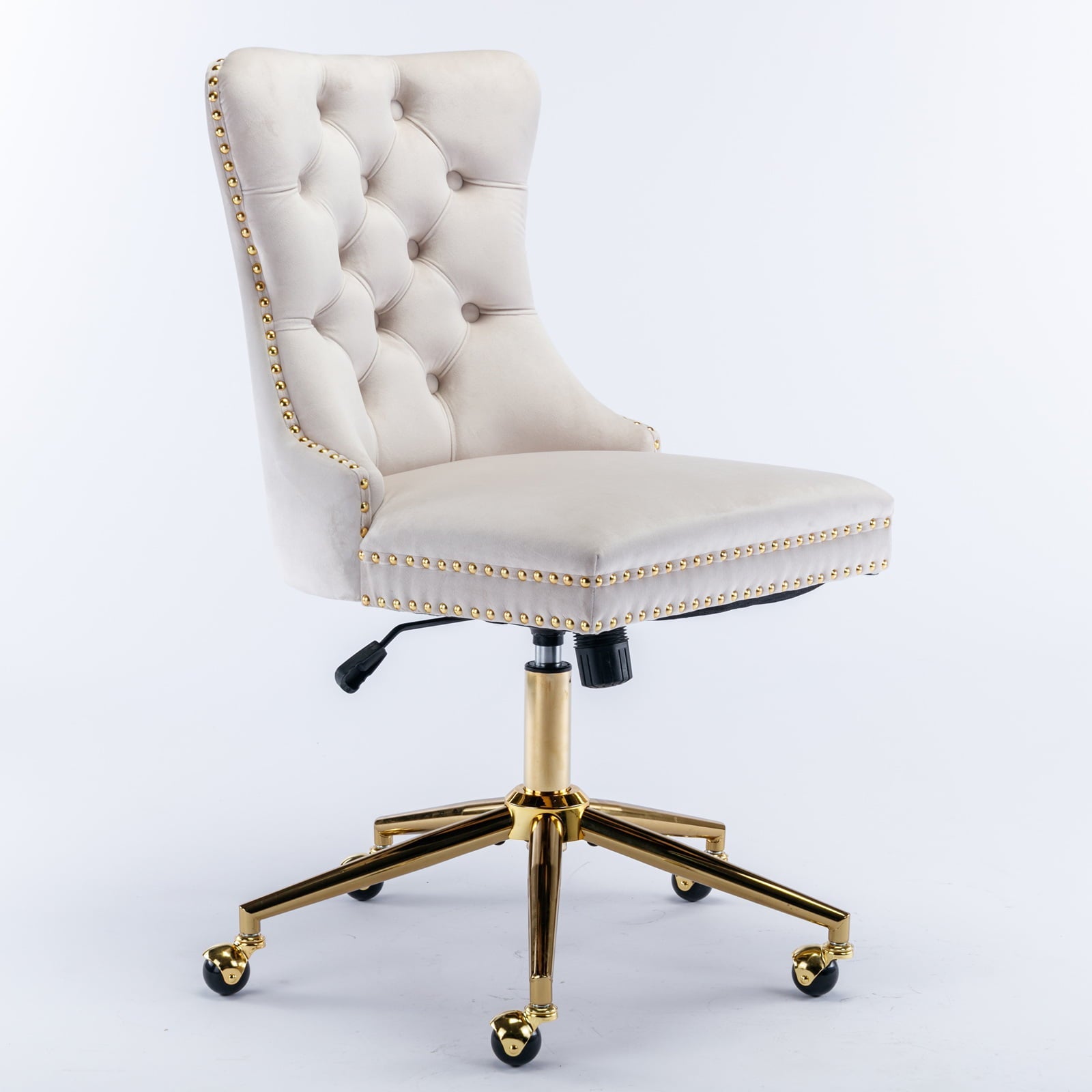 BTMWAY Office Chair, Velvet Upholstered Tufted Button Home Office Chair with Golden Metal Base, Adjustable Height, Swivel Ergonomic Task Chair, Luxury Desk Chair Computer Chair, Beige