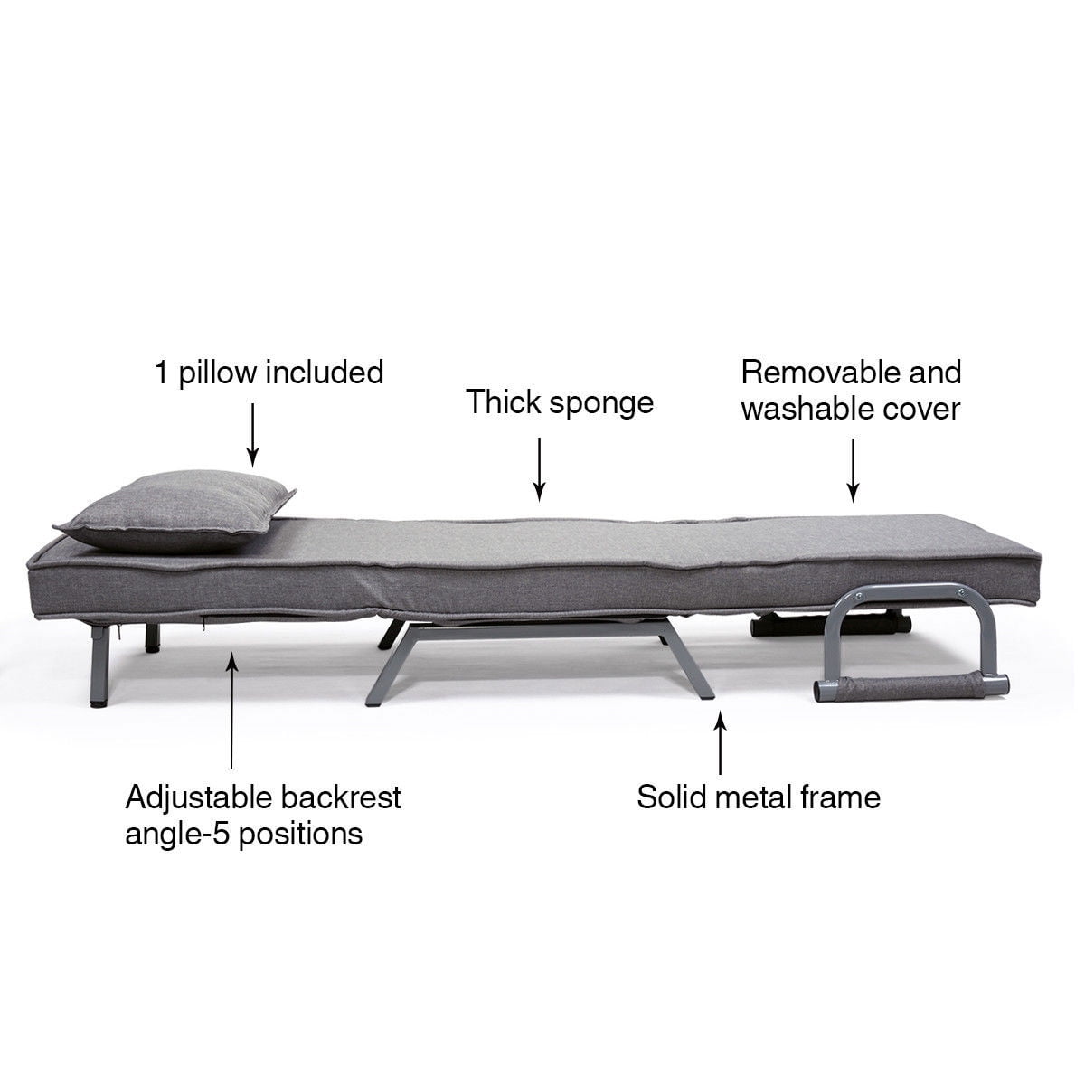 Cfowner Convertible Sofa Bed Sleeper Chair, 5 Position Adjustable Backrest, Folding Arm Chair Sleeper w/Pillow, Upholstered Seat, Leisure Chaise Lounge Couch for Home Office