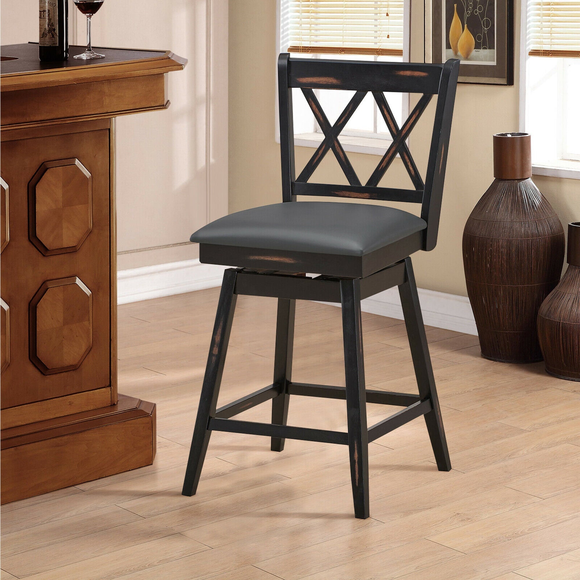 Gymax Set of 4 Barstools Swivel Counter Height Chairs w/Rubber Wood Legs Black