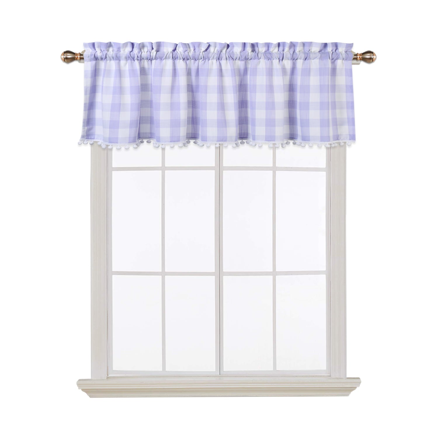 DSstyles Grey Buffalo Plaid Valances for Kitchen, Buffalo Check Gingham Pom Pom Valance Curtains for Windows Cafe Curtains Bathroom Window Curtains, 52x15 in