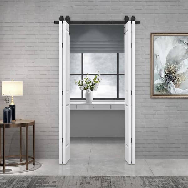 48 in. x 80 in. 2 Panel White MDF Composite Double Bi-Fold Barn Door with Sliding Hardware Kit