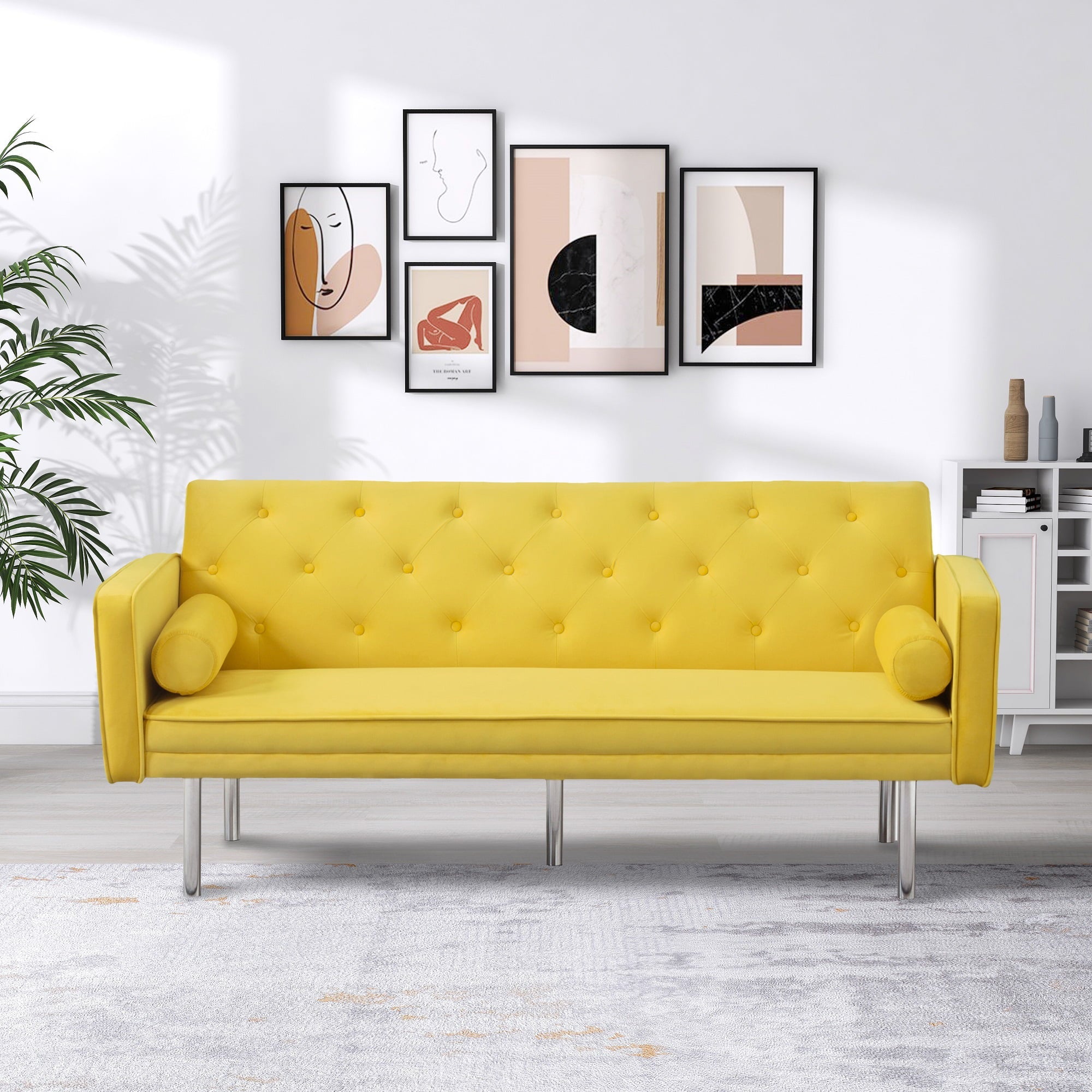 Modstyle Futon Sofa Bed, Velvet Convertible Sleeper Sofa with Pillows, Yellow