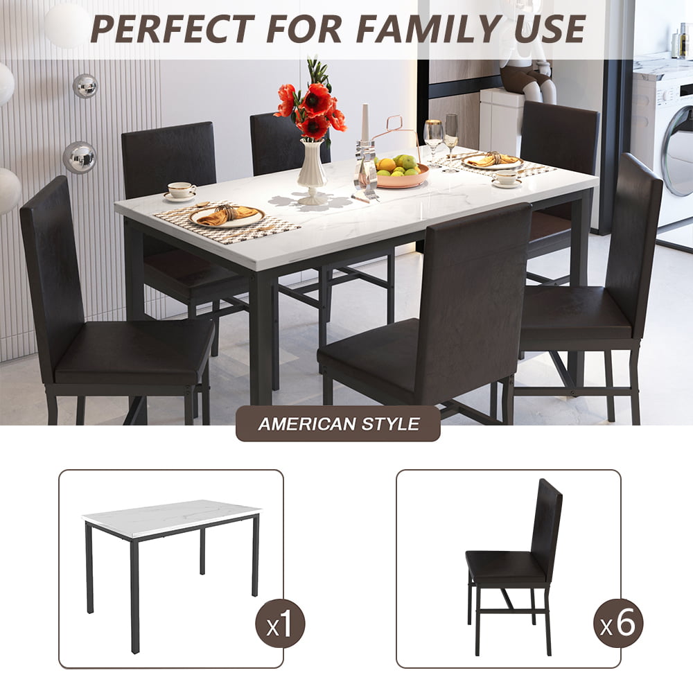 7 Piece Kitchen Dining Table & Chair Set, Dining Room Table Set with Faux Marble Tabletop PU Leather Padded Chairs, Rectangle Dining Table Set for 6, Dinette Set for Kitchen Dining Room Small Space