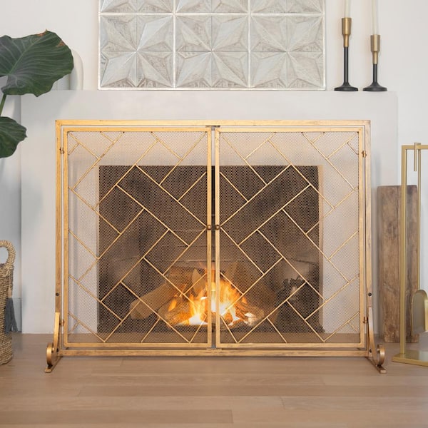 44 in. x 33 in. Free Standing Fireplace Screen 2 Panel Indoor Living Room Flat Gold