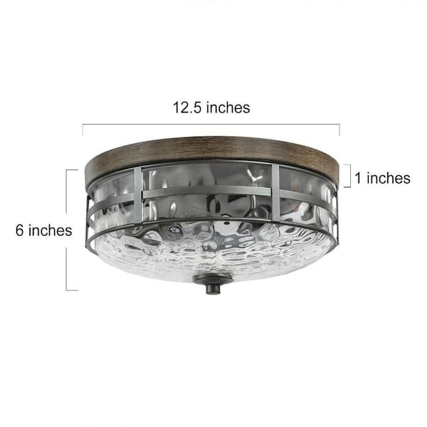 Modern Farmhouse Drum Ceiling Light 3-Light Rustic Wood Accent Flush Mount Ceiling Light with Water-Rippled Glass Shade