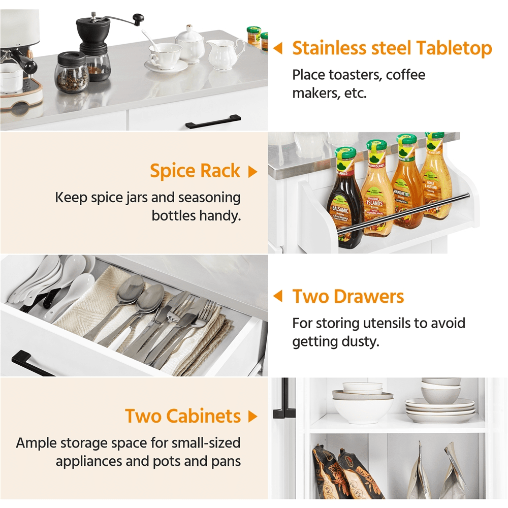 Easyfashion Large Kitchen Island Cart with Stainless steel tabletop, White