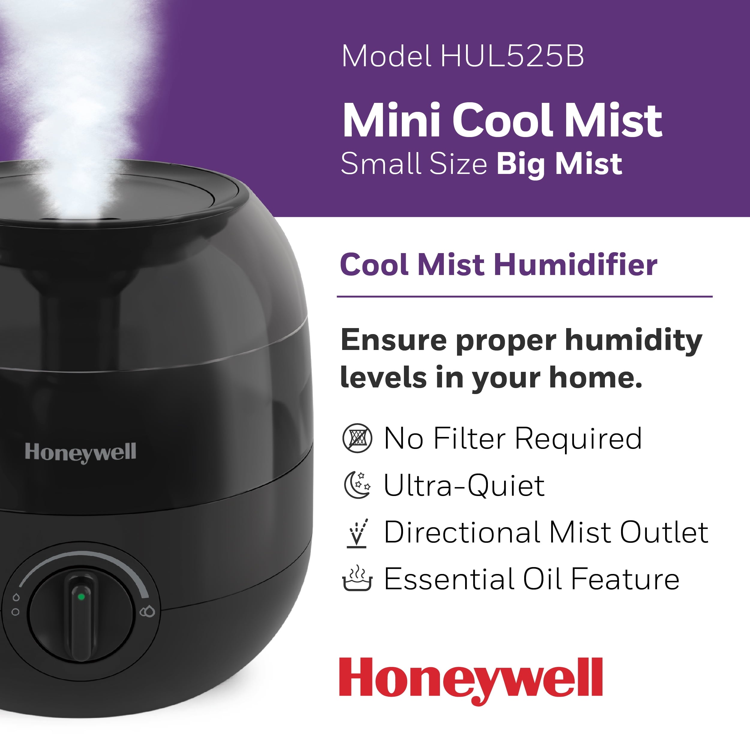 Honeywell Mini Cool Mist Humidifier, 200 sq. ft, Black, HUL525B