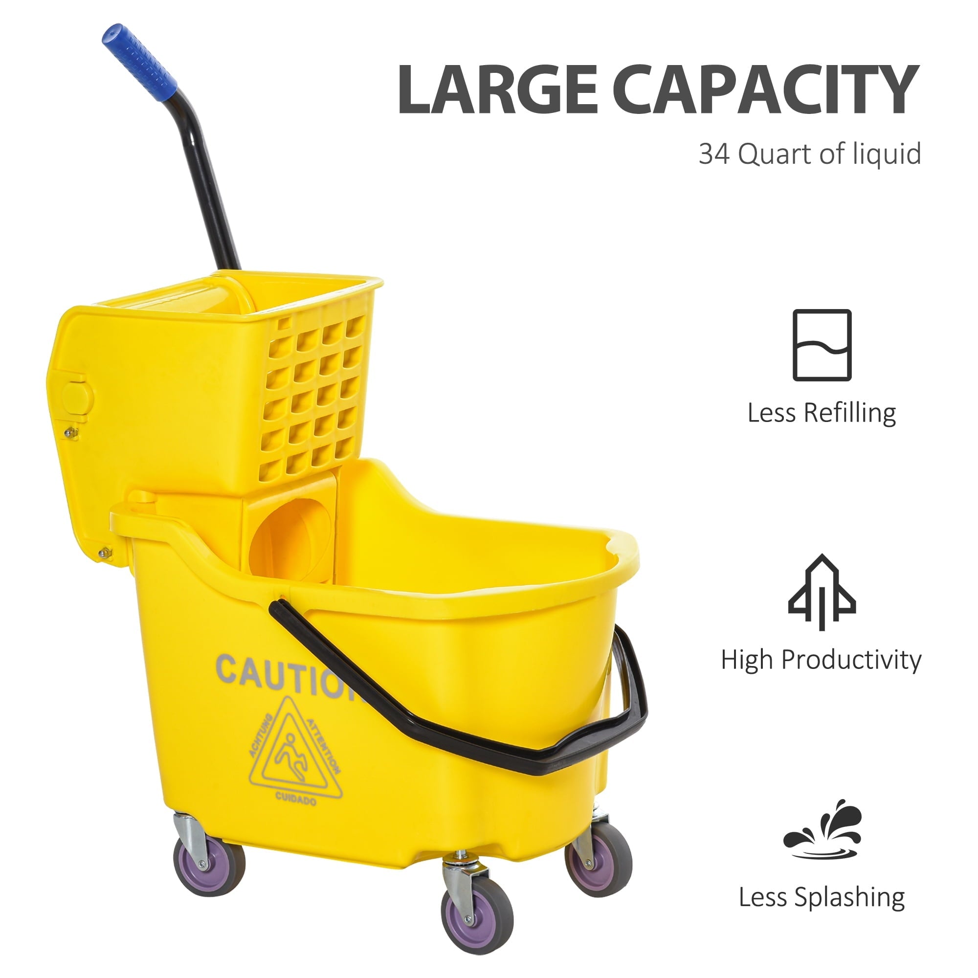 HOMCOM Residential Mop Bucket with Side Press Wringer and Wheels, Yellow