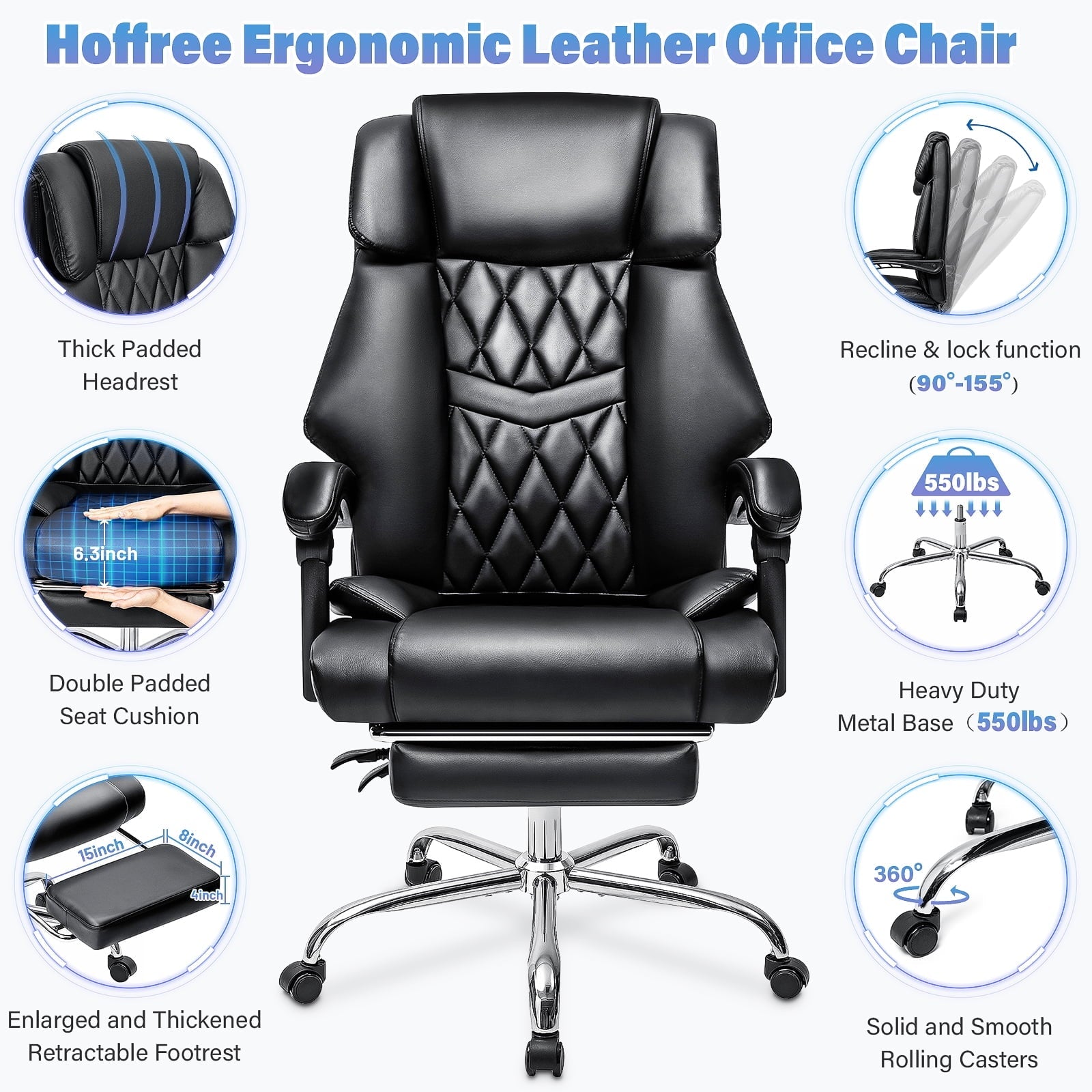 Hoffree Big and Tall Office Chair 500lb Computer Desk Chair Heavy Duty Design Ergonomic High Back Cushion Lumbar Back Support Adjustable Executive Leather Office Chair for Heavy People,Black