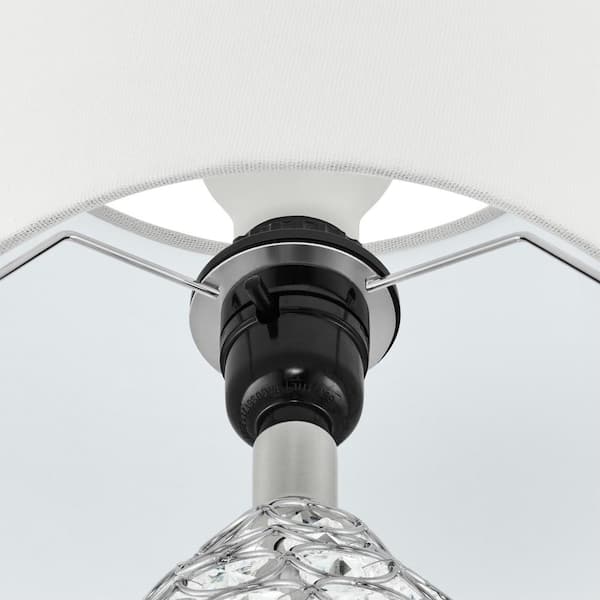 16 .5 in. Clear Crystal and Brushed Steel Table Lamp with White Fabric Drum Shade