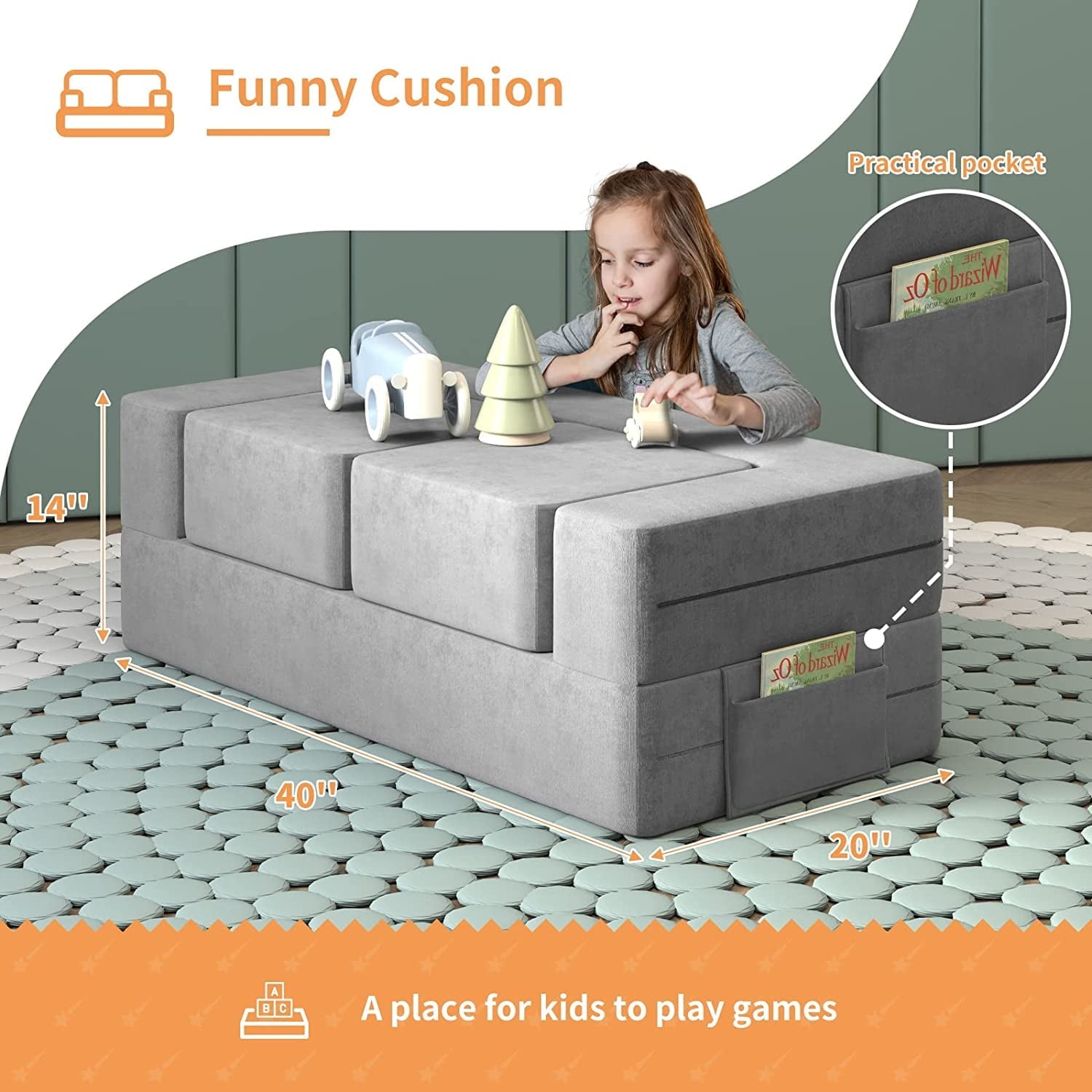 Wanan Kids Couch with Two Ottoman, Toddler Couch Sofa for Kids, Modular Kids Sofa Couch with Washable Covers, Play Couch Foldable Loveseat, Kids Fold Out Couch Lounger (Gray)