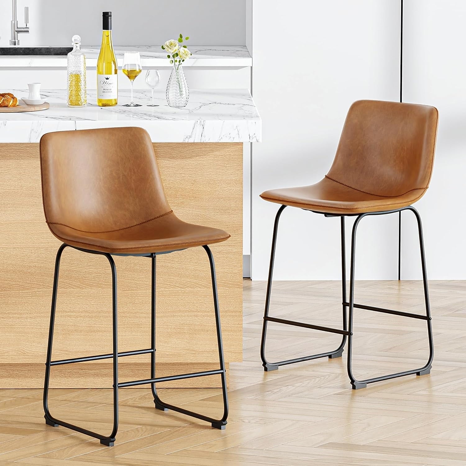 YaFiti Barstools 26'' PU Leather Counter Height Bar Stools Set of 4 with Back Modern Armless Chairs with Footrest and Metal Legs for Kitchen Living Room Pub, Brown