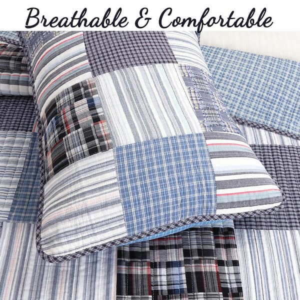Stripe Plaid Tartan Boxers Briefs 3-Piece Navy Blue Black Square Patchwork Cotton Queen Quilt Bedding Set