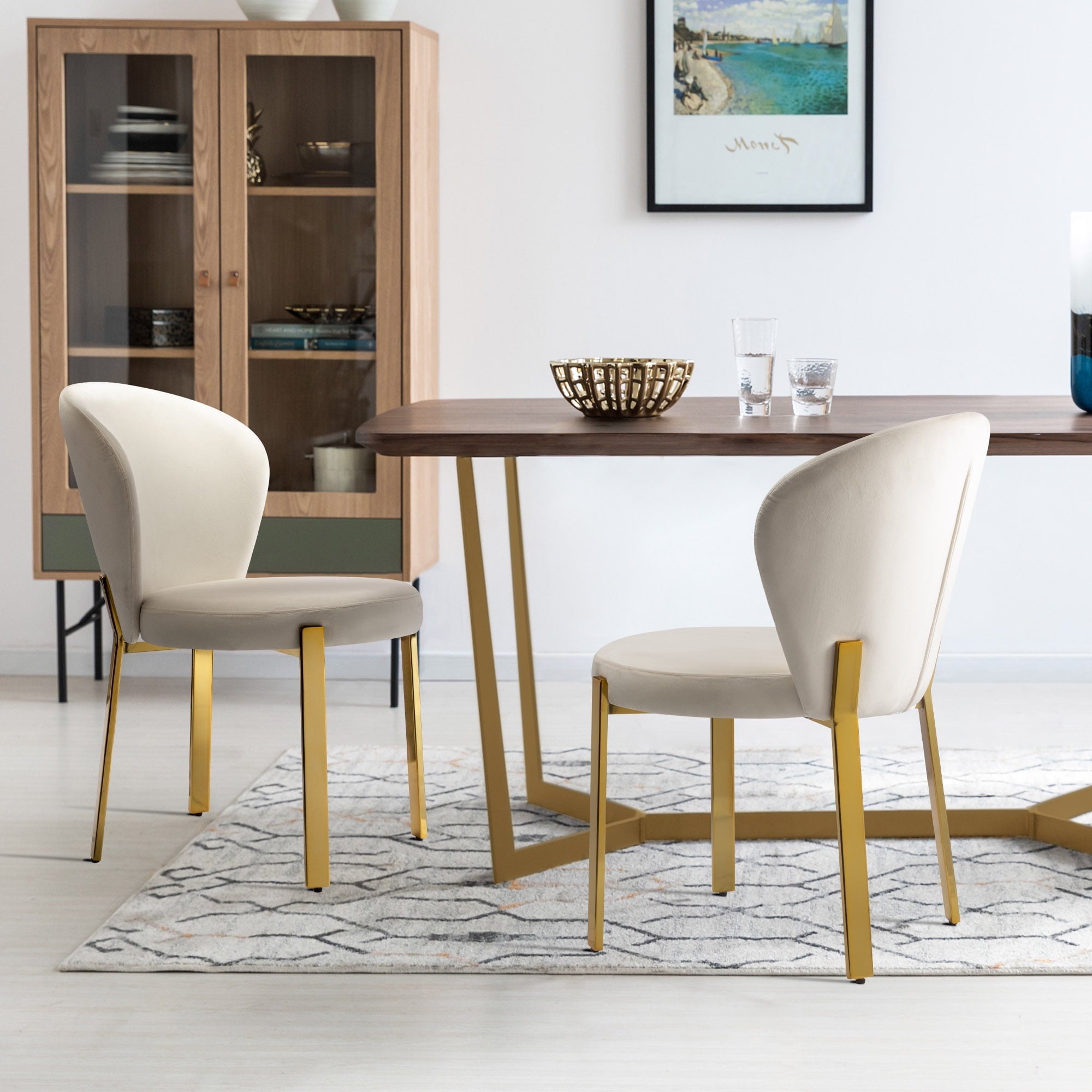 WELLET Velvet Dining Chairs, Upholstered Gold Legged, Set of 2, Cream