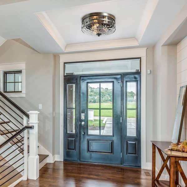 Modern Farmhouse Drum Ceiling Light 3-Light Rustic Wood Accent Flush Mount Ceiling Light with Water-Rippled Glass Shade