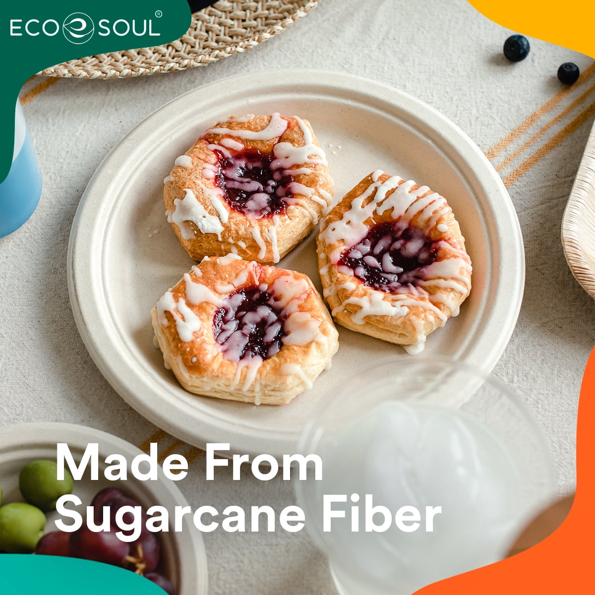 ECO SOUL 100% Compostable 9 Inch Bagasse Paper Plates, 50 Counts | Heavy-Duty Disposable Plates | Eco-Friendly Made of Sugarcane Fibers-Natural Unbleached Biodegradable Plates