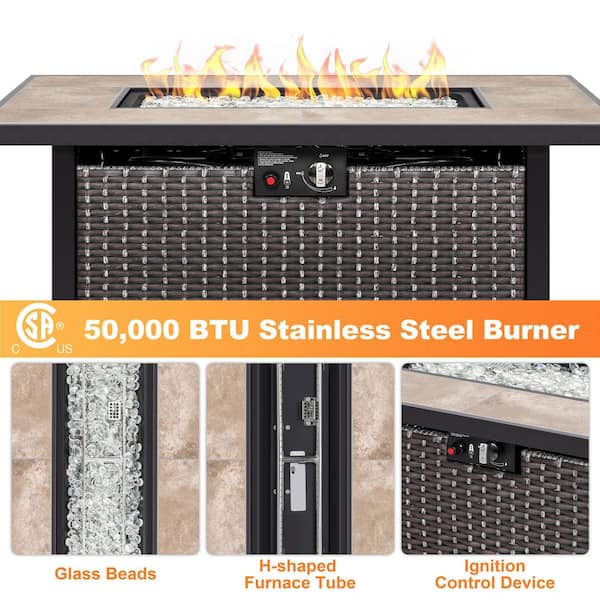 43 in. 50,000 BTU Brown Rectangle Wicker Outdoor Propane Gas Fire Pit Table with Glass Fire Pit Wind Guard